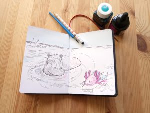 A sketchbook with a drawing of a hippo and and axiotl surfing at sea.